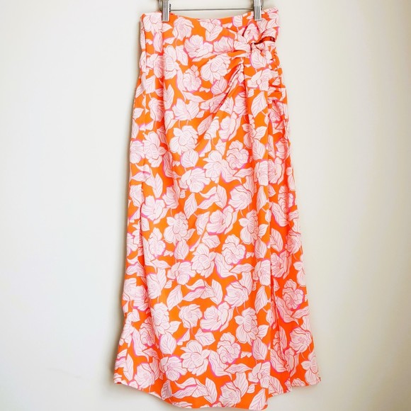 SHEIN Allover Floral Print Twist Side Skirt Midi Zip Fit Orange XS High Waist - Picture 5 of 9